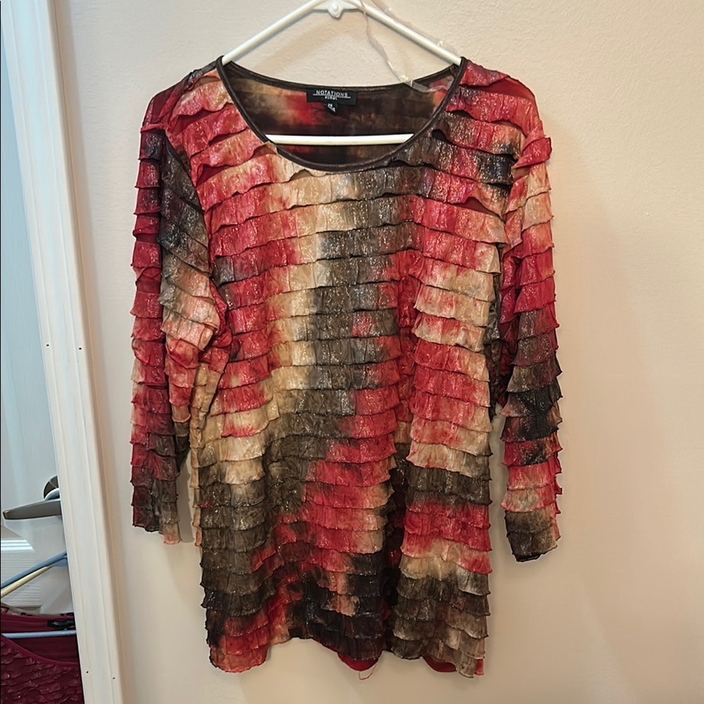 Notations Red and Black Ruffled 3/4 Sleeve Blouse